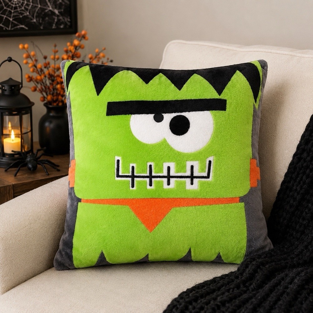 Halloween Frankenstein Plush‎ Throw Pillow Green Monster 18 x 16 Decorative